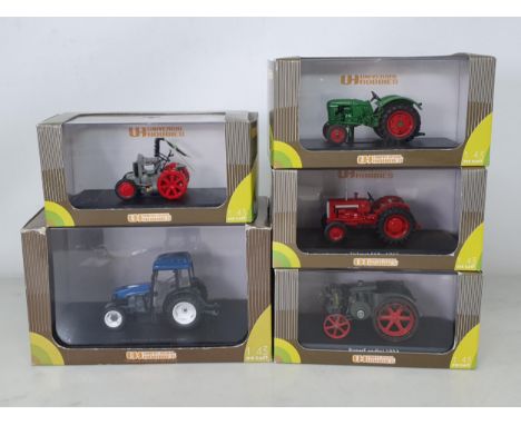 Five boxed Universal Hobbies 1:43 scale Tractors including Deutz D25, Hulimann 1 K10, Valmet 565, Super Landini 1934 and New 