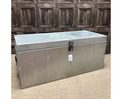 A TIN TRUNK WITH HAND TOOLS, 89cm wide