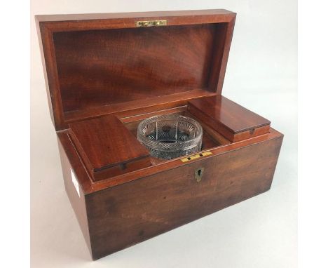 MAHOGANY CASED TEA CADDY, along with a two bottle tantalus (2)