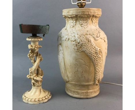 20TH CENTURY CERAMIC TABLE LAMP, decorated with an Eastern scene, 32cm high, along with a similar posy stand (2)