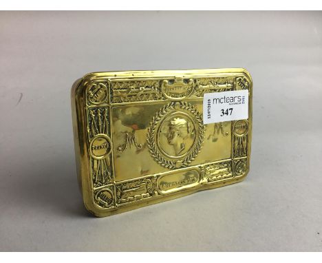 BRASS CHRISTMAS 1914 BOX, along with a coin bracelet, snuff box and eyeglass