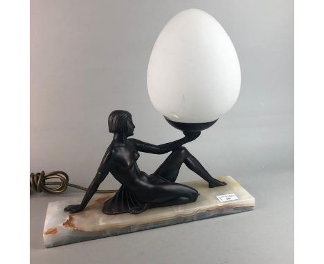 ART DECO STYLE FIGURAL LAMP, with frosted glass shade, 37cm high