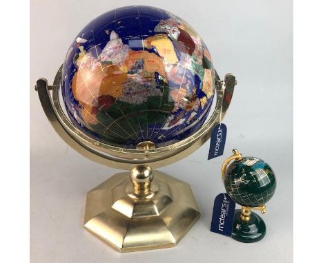 TERRESTRIAL GLOBE, 34cm high, inlaid with specimen hardstones, along with another smaller globe (2)