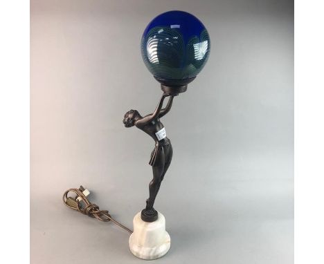 ART DECO STYLE FIGURAL LAMP, 64cm high, with blue glass shade