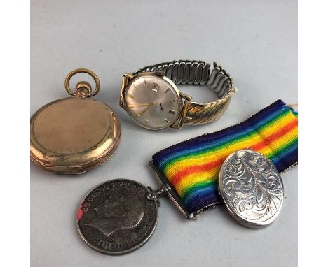 WWI MEDAL, for T. Brown; along with a gentleman's manual wind wrist watch, gold plated full hunter pocket watch and a silver 