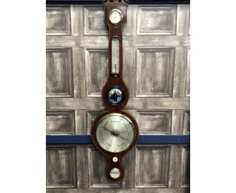 BAROMETER AND TWO COAL SCUTTLES, the barometer in the Edwardian style, 96cm high, one scuttle brass bound with shovel, the ot