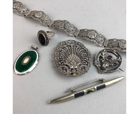 SILVER GEM SET RING, along with other jewellery including a torc bangle, further silver and other rings and gem set brooches