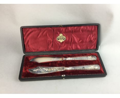PAIR OF SILVER PLATED FISH KNIVES, in fitted case, along with other cased plated flatware