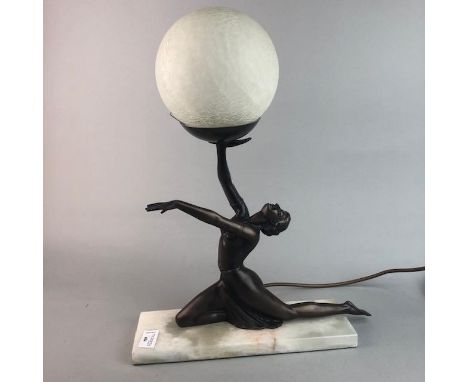 ART DECO STYLE FIGURAL LAMP, with frosted glass shade, 45cm high