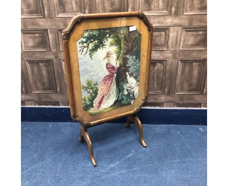 20TH CENTURY MAHOGANY FIRESCREEN, decorated with a female in landscape, cm high, along with two other fire screens