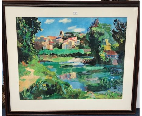 LARGE GICLEE PRINT DEPICITING A VILLAGE BY THE LAKE, 75cm x 94cm Mounted, framed and under glass