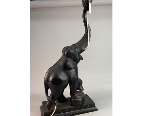 CARVED WOODEN ELEPHANT TABLE LAMP, and two other lamps (3)