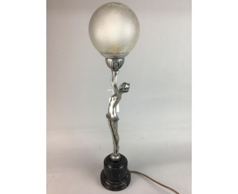 ART DECO STYLE FIGURAL LAMP, modelled with a standing female holding aloft the round glass shade, along with four other lamps