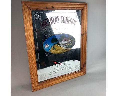 SOUTHERN COMFORT PUB ADVERTISING MIRROR, in a pine frame, 65cm x 52cm overall, along with a 'Cruisin Chevy Style' chalk board