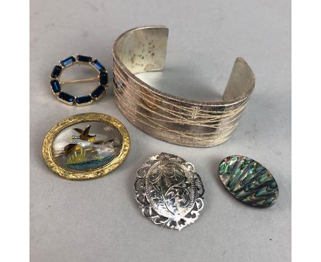 LOT OF COSTUME AND SILVER JEWELLERY, including a bracelet formed of three pence pieces, a filigree necklace, silver and ename