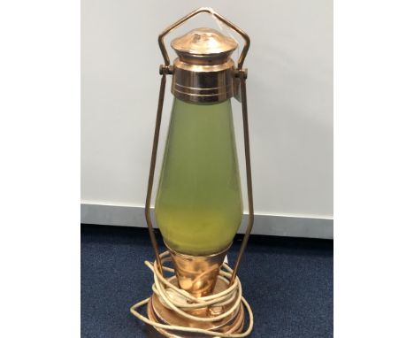 OIL LAMP STYLE TABLE LAMP, in brass, with lava display section, 48.5cm high