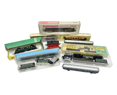 'N' gauge - Fleischmann Piccolo 2363 DB 2-10-0 locomotive; Minitrix 2932 DB double pantograph electric Co-Co locomotive; Atla