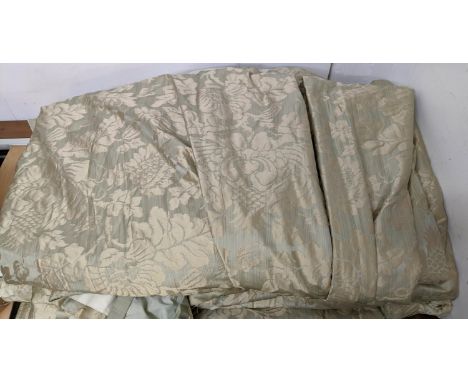 CURTAINS, two pairs, each curtain approx 108cm W x 298cm Drop, green silk damask, lined and interlined. (4) 