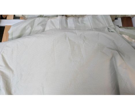 CURTAINS, two pairs, each curtain approx 106cm W gathered x 244cm Drop, gold silk with blue border, lined and interlined. (4)