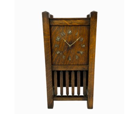 ARTHUR PEQUEGNAT MANTLE CLOCK, circa 1910 Tokio model, Mission style, oak with brass numbers and maple leaf emblem pendulum, 