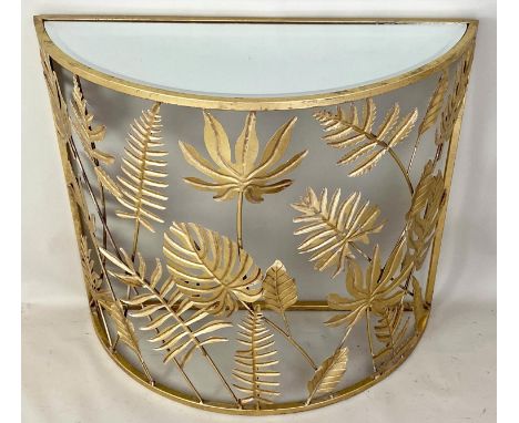 DEMI LUNE CONSOLE TABLE, tropical foliate design, gilt metal, 86cm x 35cm x 77cm. 