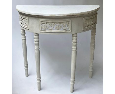 CONSOLE TABLE, 81cm x 41cm x 77cm H, French style, demi lune, grey painted, with pierced frieze. 