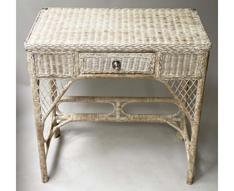 HALL/CONSOLE TABLE, vintage rattan framed, woven panelled and cane bound with short drawer, 77cm W x 43cm D x 76cm H. 