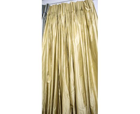 CURTAINS, a pair, each curtain approx 119cm W gathered x 287cm Drop, gold silk, lined and interlined. 