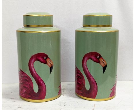 GINGER JARS, a pair, glazed ceramic, flamingo design, 41cm H with covers. (2) 