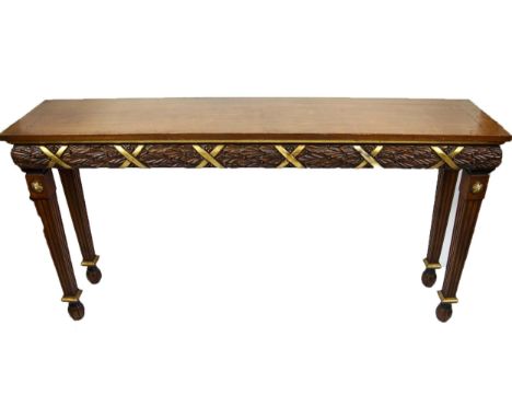 CONSOLE TABLE, Neo-Classical design mahogany and beechwood, carved acanthus and gilt ribbon with reeded tapering legs, 160cm 