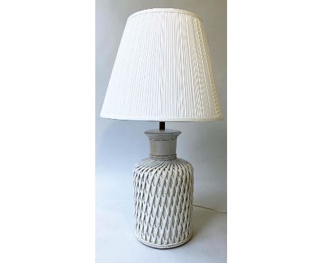 TABLE LAMP, Belik style white ceramic with applied basket work and cord, of drum form with pleated shade, 77cm H. 