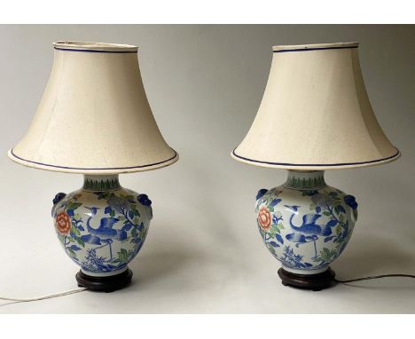 TABLE LAMPS, a pair, Chinese ceramic bird and cherry blossom decorated of vase form, 70cm H. (2) 