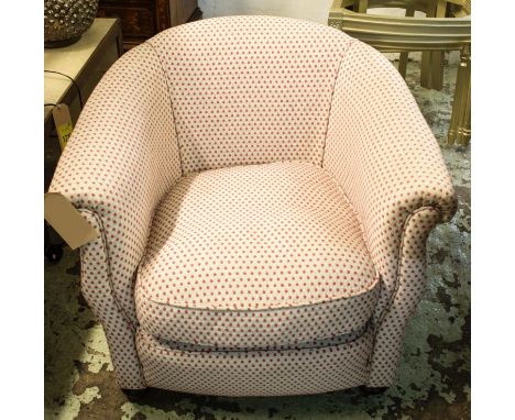 TUB CHAIR, 80cm W x 75cm H, Victorian manner mahogany in red polka dot fabric with bun feet and ceramic castors. 