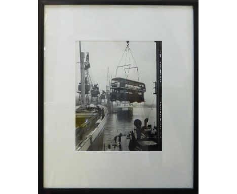 'LONDON BUS ON A CRANE', silver gelatin archival fibre print, 61cm x 50cm overall. 