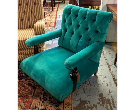 ARMCHAIR, 84cm H x 78cm Victorian in cyan green velvet on ceramic castors. 
