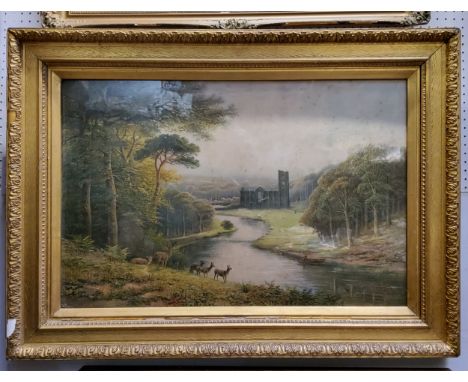 R F McIntyre, after, Fountains Abbey, Yorkshire,&nbsp; oleograph, bold gilt frame 