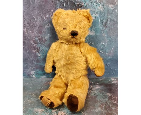 A Chad Valley jointed mohair musical bear, small ears, horizontal stitched snout, velvet pads, 33cm high, label to foot, c.19