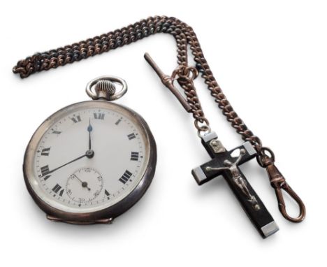A silver open faced keyless pocket watch, unsigned movement, white enamel dial, Roman numerals, sunk subsidiary second dial, 