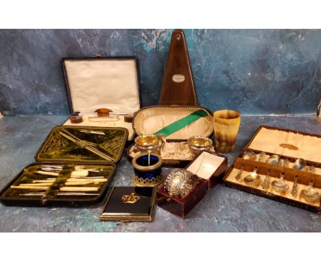 A Paquet metronome;&nbsp; a silver napkin ring;&nbsp; plated open salts;&nbsp; part manicure sets;&nbsp; etc 