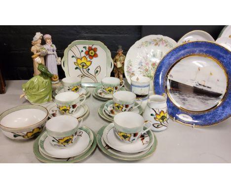 A Noritake tea service, for six, decorated with stylised flowers, printed mark;&nbsp; a Royal Doulton figure, Grace, second;&