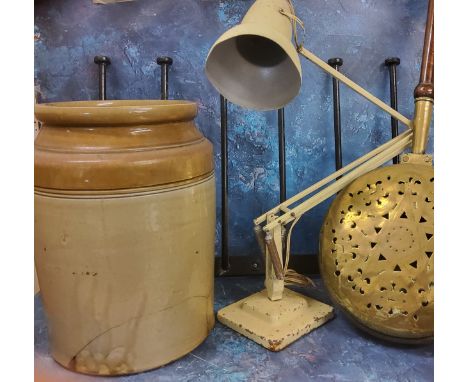 A mid 20th century Anglepoise lamp;&nbsp; a wellington boot rack;&nbsp; a large stoneware storage jar;&nbsp; an early 18th ce
