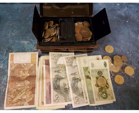 Numismatics - vintage cash box containing nine £2 coins; 2oth century British and World coins &amp; Notes;&nbsp; &nbsp;etc. 