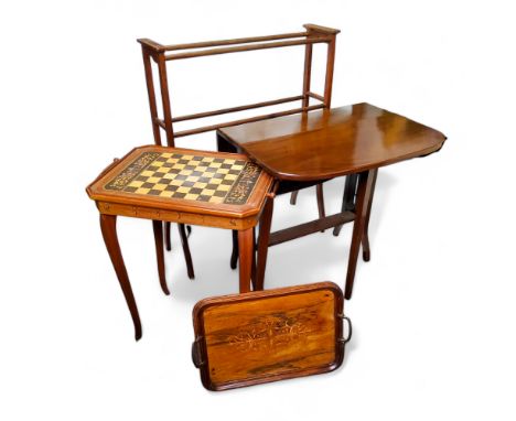 A Sheraton Revival chessboard/ games table, the tray top revealing a niche for chess pieces; towel rail; small Sutherland tab