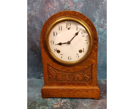 A Victorian oak Ansonia mantel clock, eight day, half hour strike, cathedral gong, Arabic numerals, 33cm high, c.1880 
