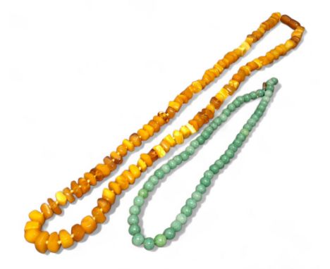 A jade bead necklace; an amber necklace, 36g 