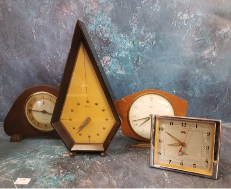 An Art Deco mantel clock, by Smiths, pointed hexagonal case, ball feet, 30cm high, c.1930;&nbsp; others, various (4) 