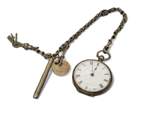 A continental silver lady's pocket watch, unsigned movement, white enamel dial, Roman numerals, silver cased chased &amp; eng