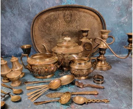 Plated Ware - a late 19th century three piece tea service, Walker and Hall, c.1890;&nbsp; a three light two branch candelabru