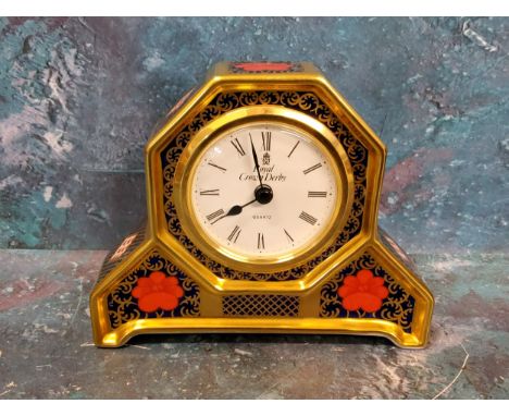 A Royal Crown Derby Imari 1128 pattern mantel clock, 11cm high, printed marks, first quality 