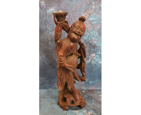 A Japanese hardwood figural lamp, of a fisherman, 42cm high, Meiji period 